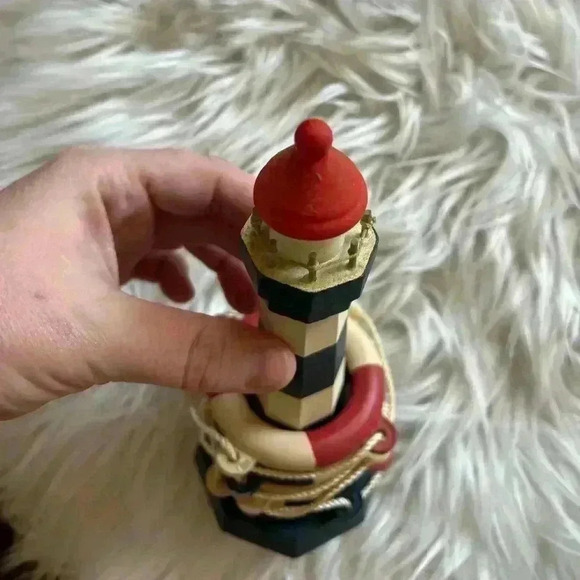 Vintage Wooden Lighthouse with Nautical Lifebuoy Rings – Coastal Decor - Picture 4 of 6